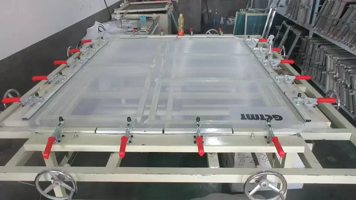 Screen-print frame prepared on a production table