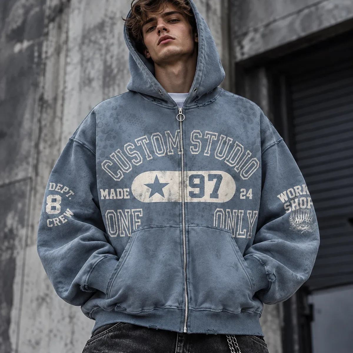 Model wearing a garment-dyed heavyweight zip hoodie