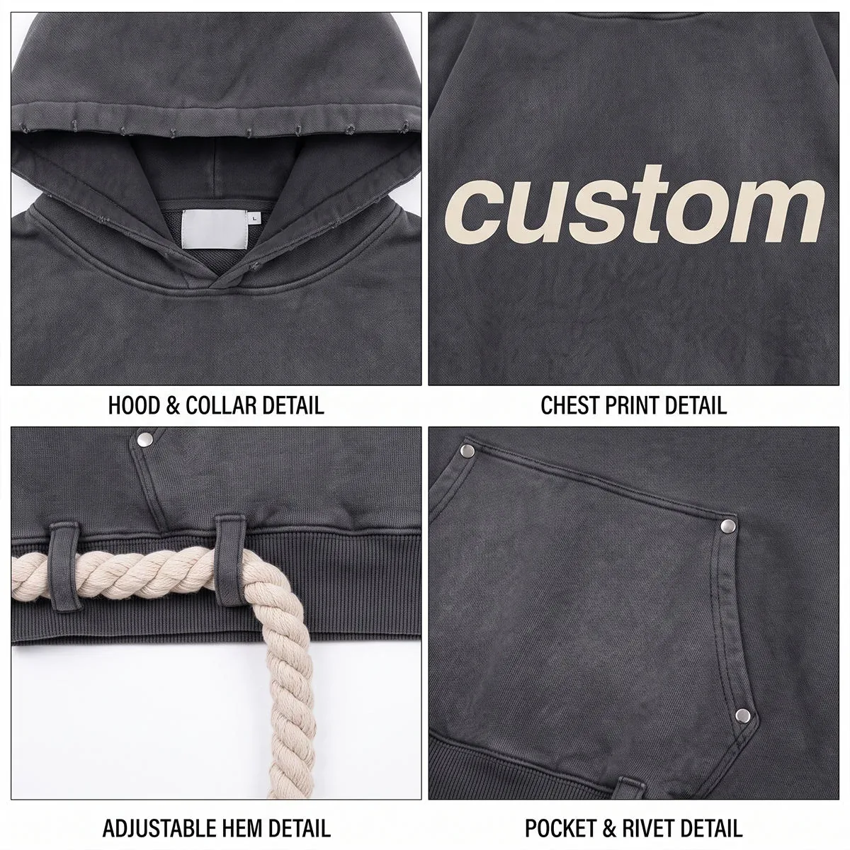 Construction and decoration details for 420 gsm cropped pullover hoodie