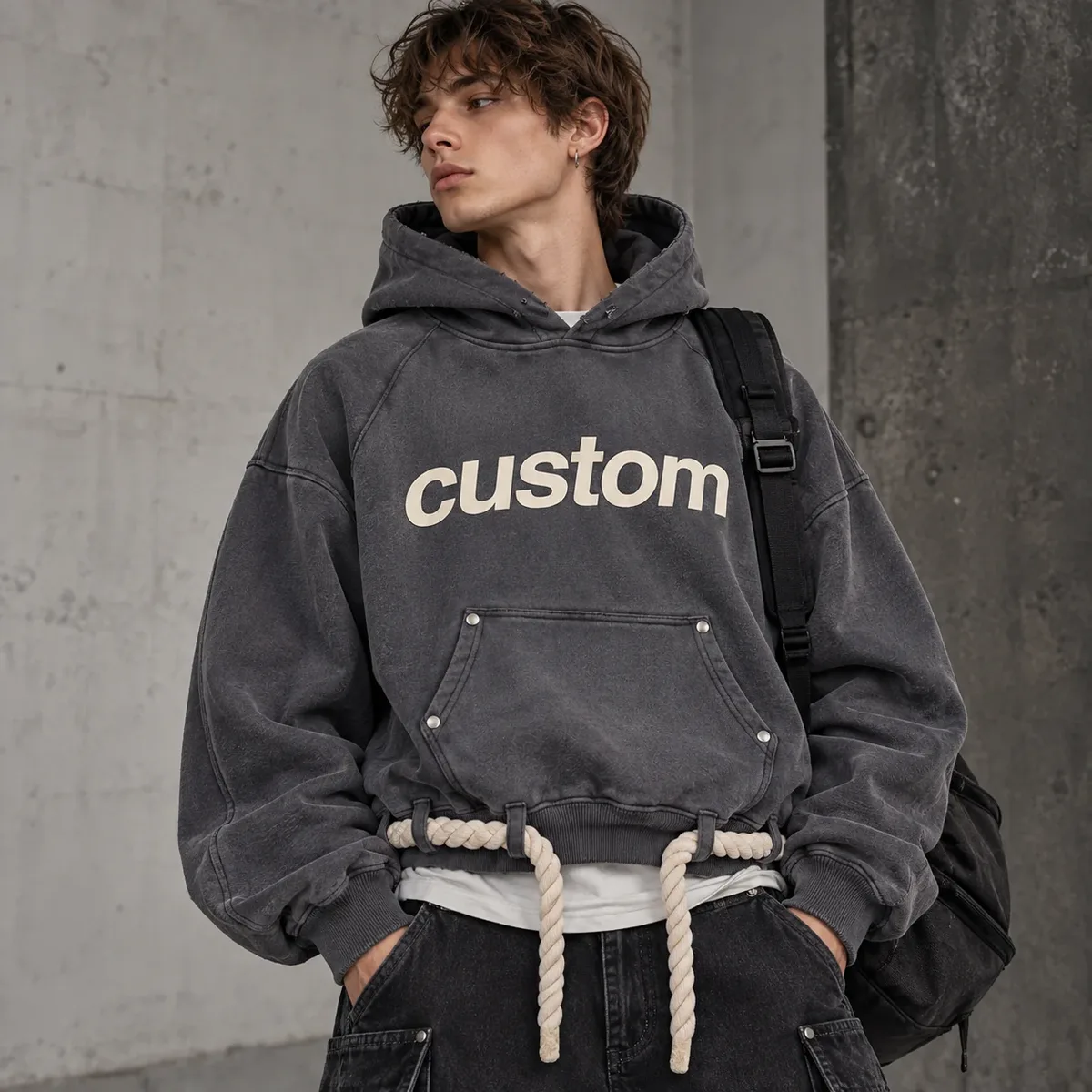 Model wearing 420 gsm cropped pullover hoodie