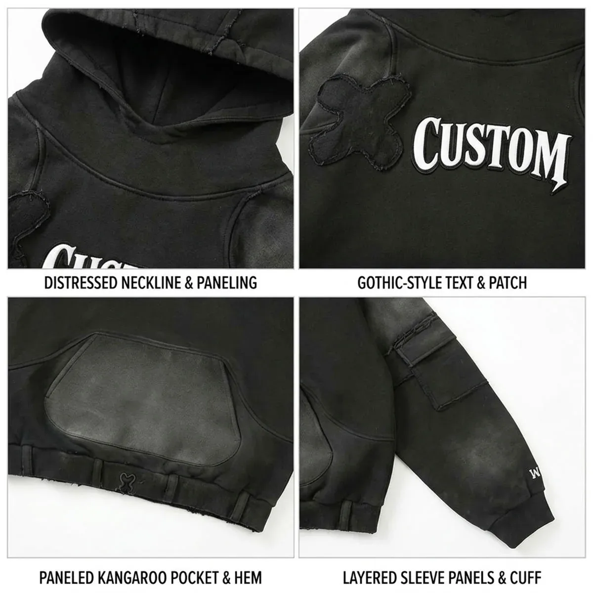 Construction and decoration details for 450 gsm acid-wash panel hoodie