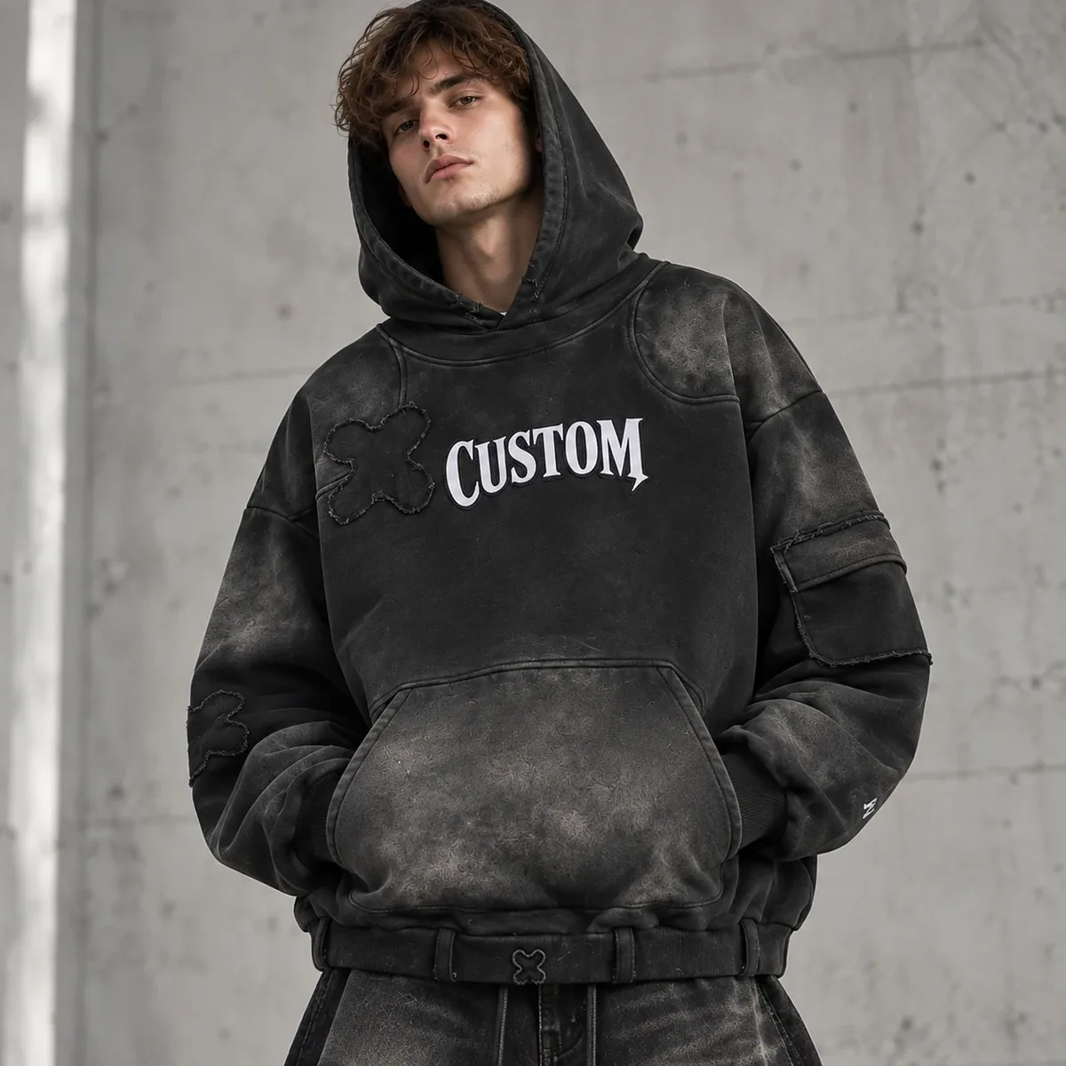 Model wearing 450 gsm acid-wash panel hoodie