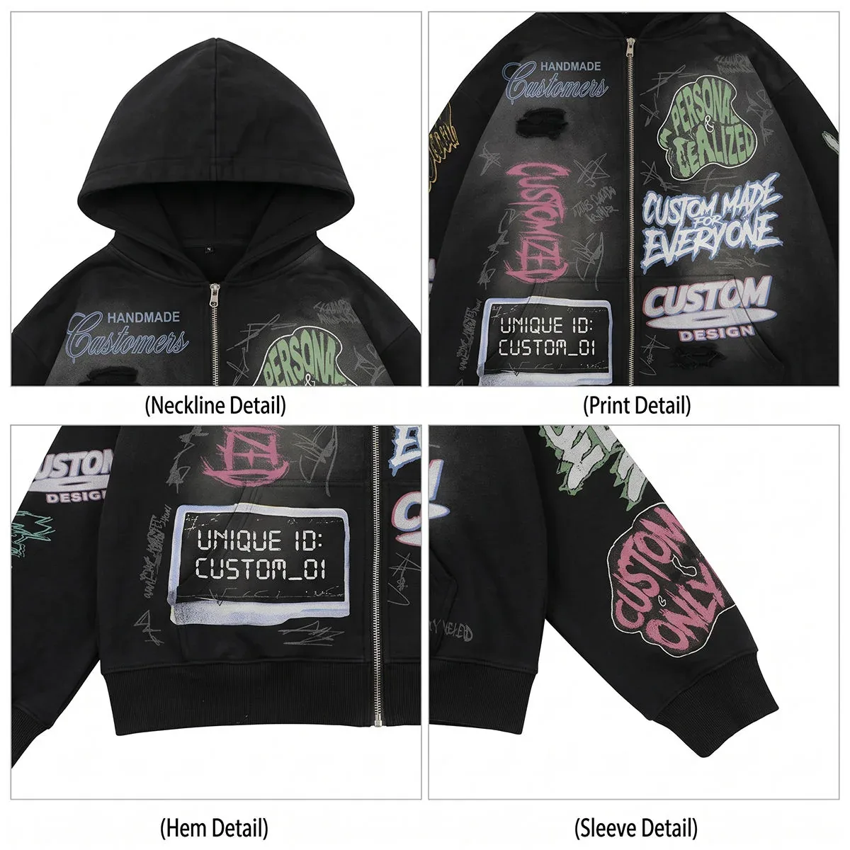 Construction and decoration details for 450 gsm graphic full-zip hoodie