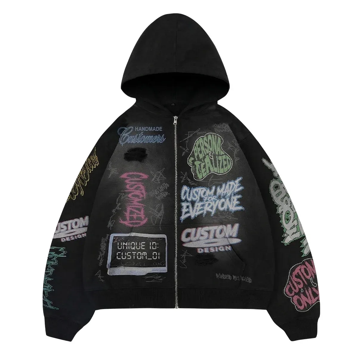 Front view of 450 gsm graphic full-zip hoodie