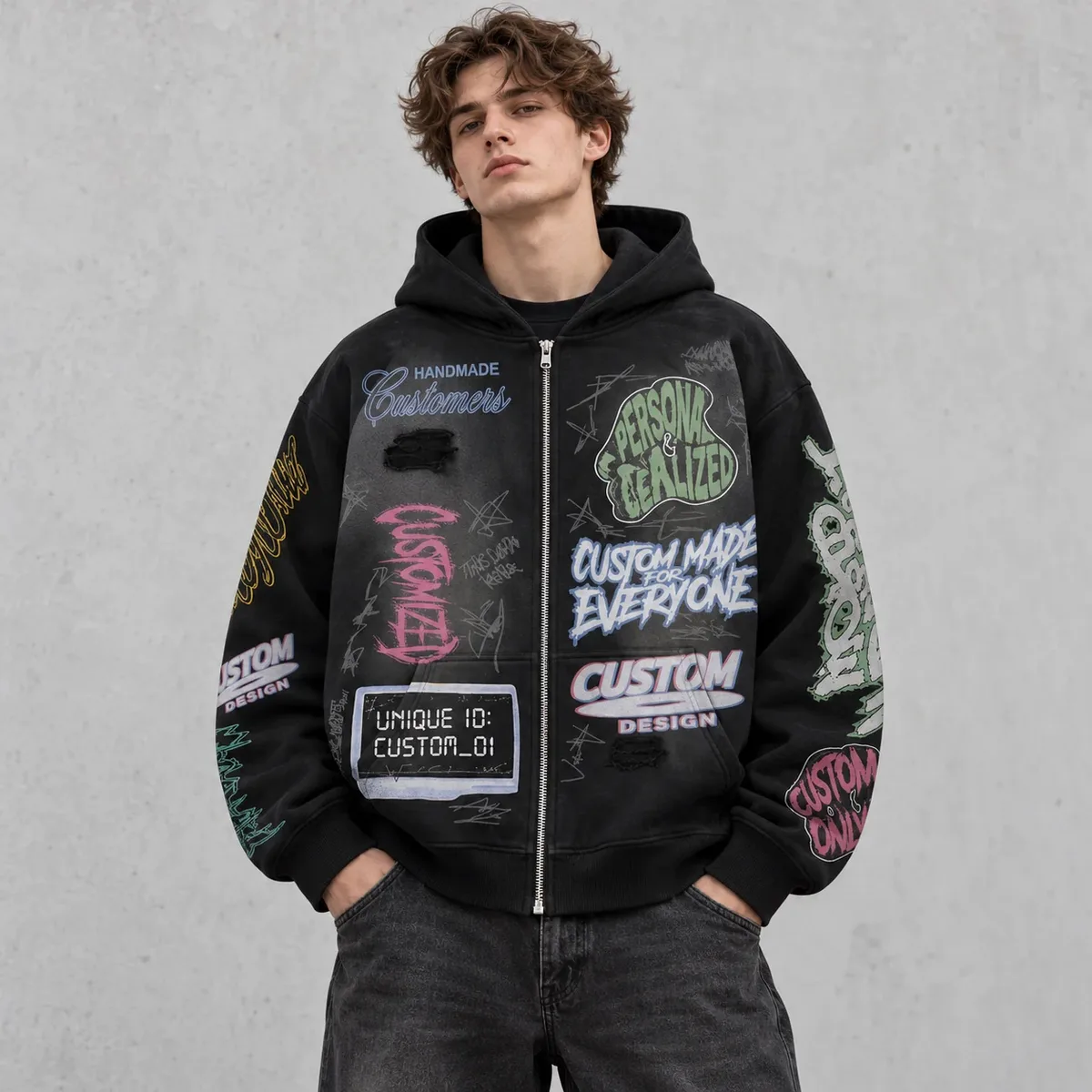 Model wearing 450 gsm graphic full-zip hoodie