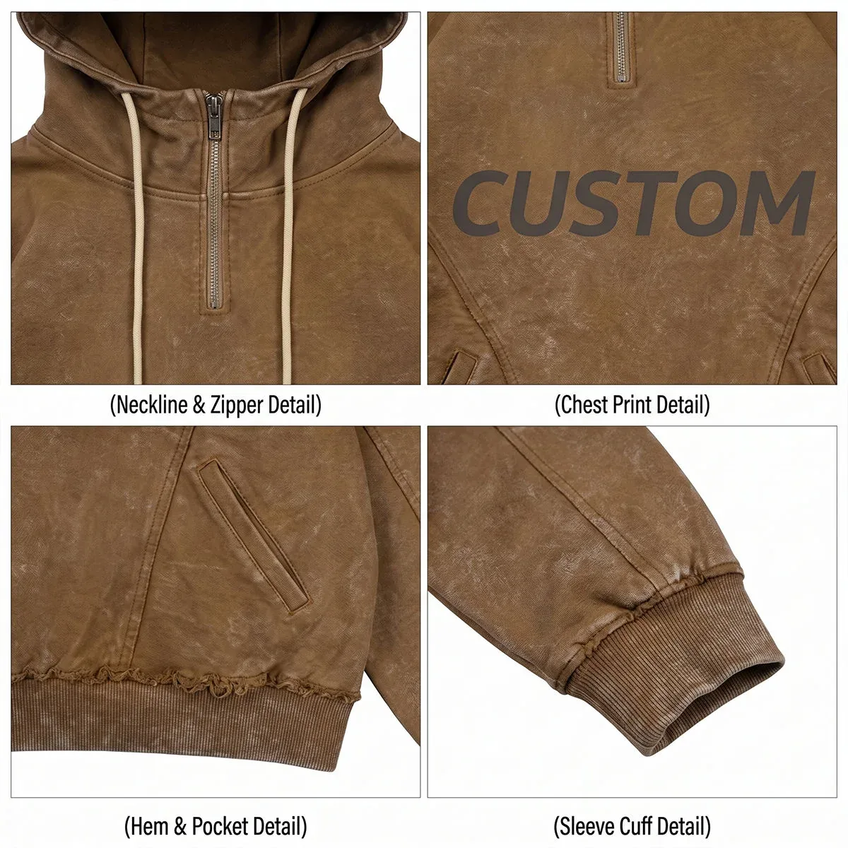 Construction and decoration details for 450 gsm quarter-zip washed hoodie