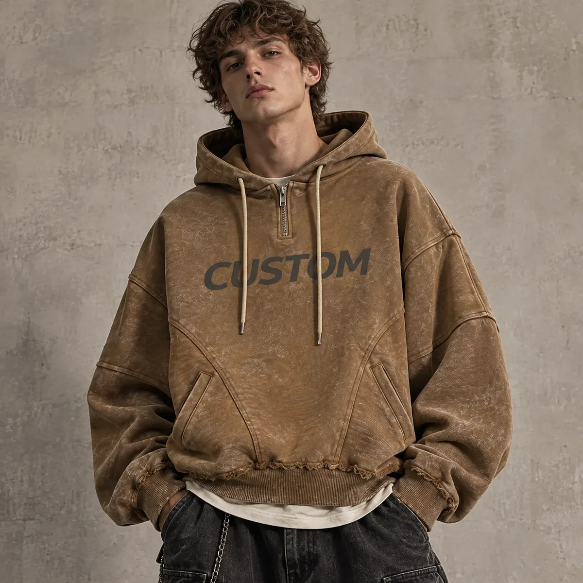 Model wearing 450 gsm quarter-zip washed hoodie