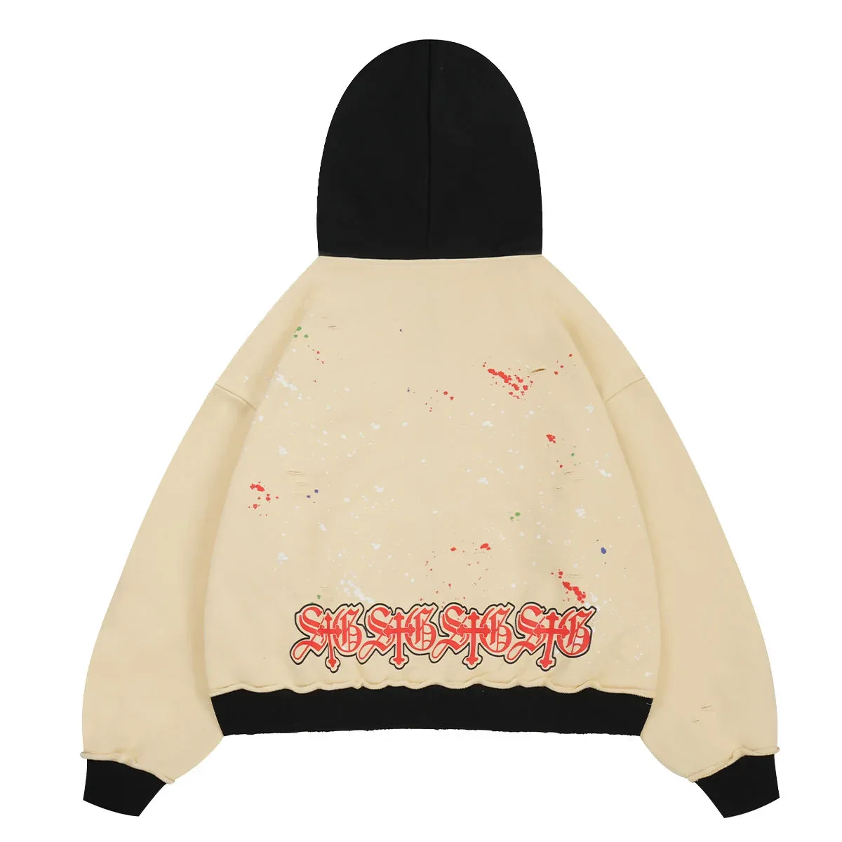 Back view of colorblock splatter full-zip hoodie