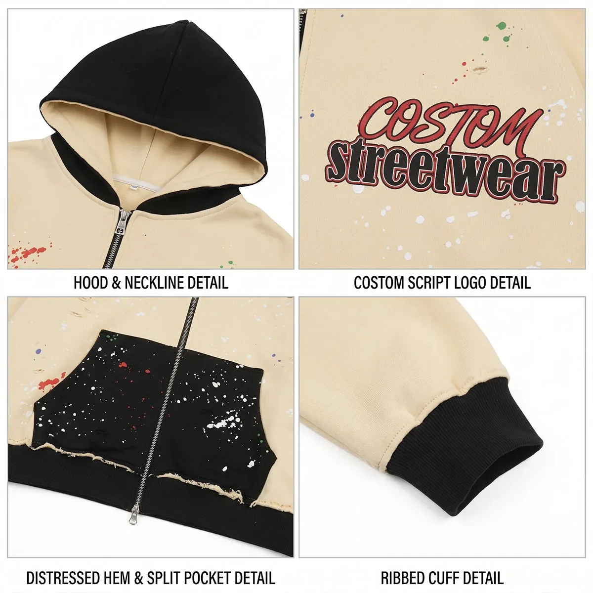 Construction and decoration details for colorblock splatter full-zip hoodie