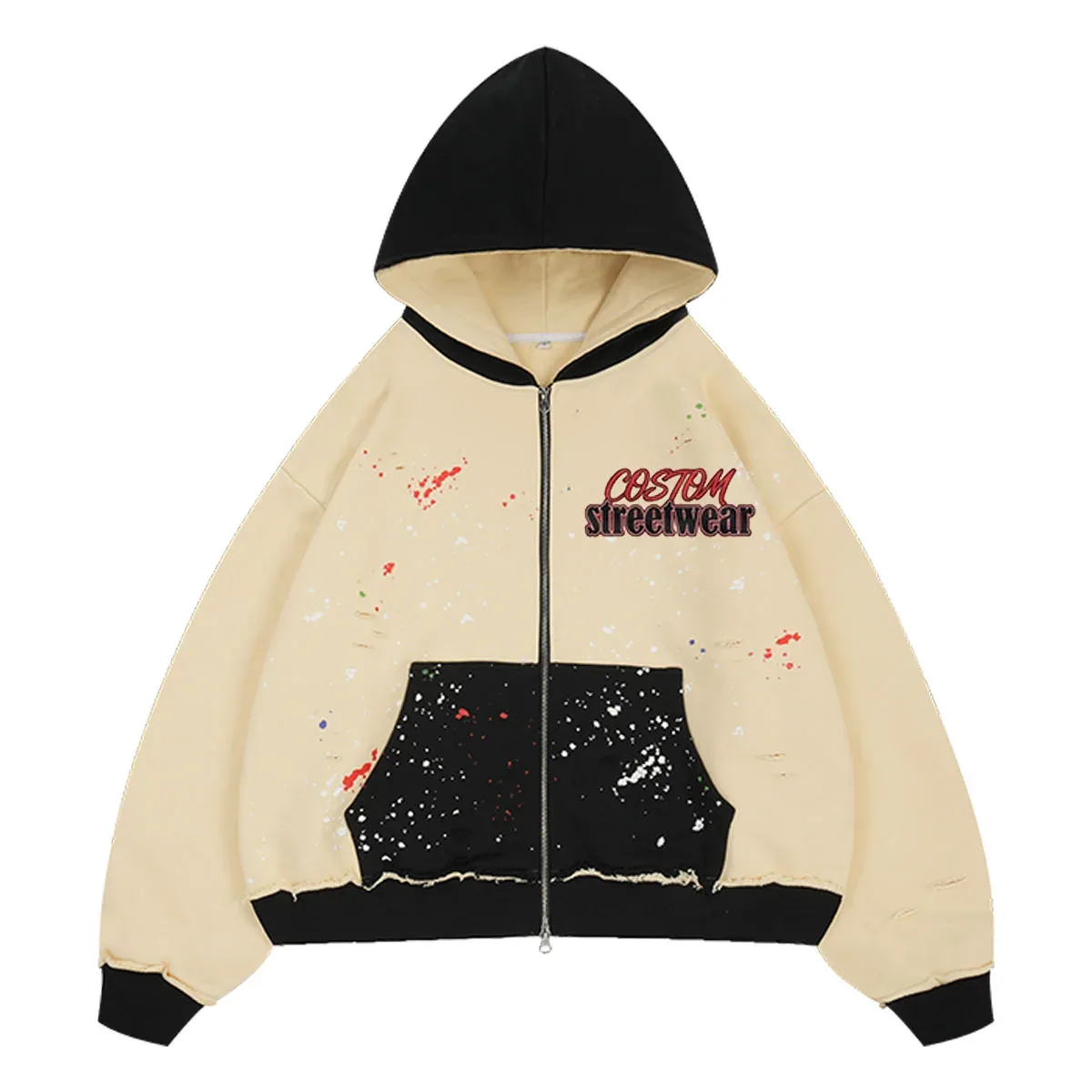Front view of colorblock splatter full-zip hoodie