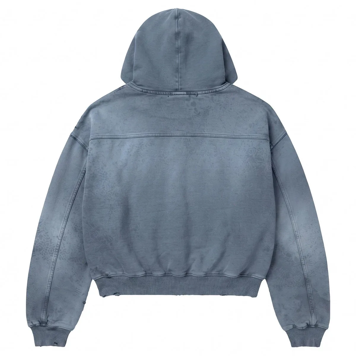 Back view of garment-dyed drop-shoulder zip hoodie