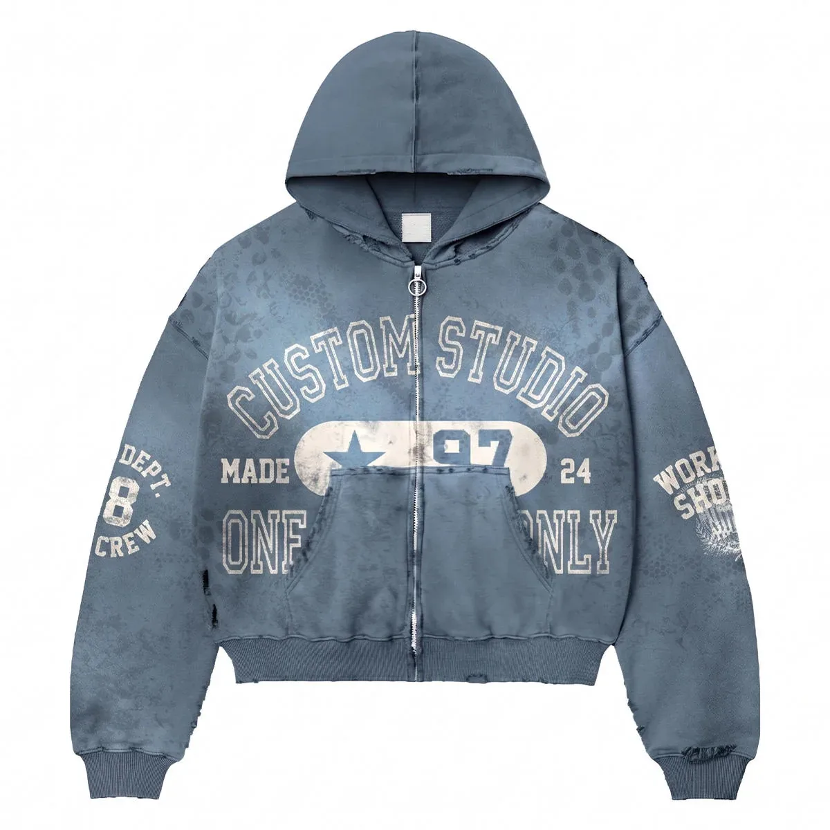 Front view of garment-dyed drop-shoulder zip hoodie