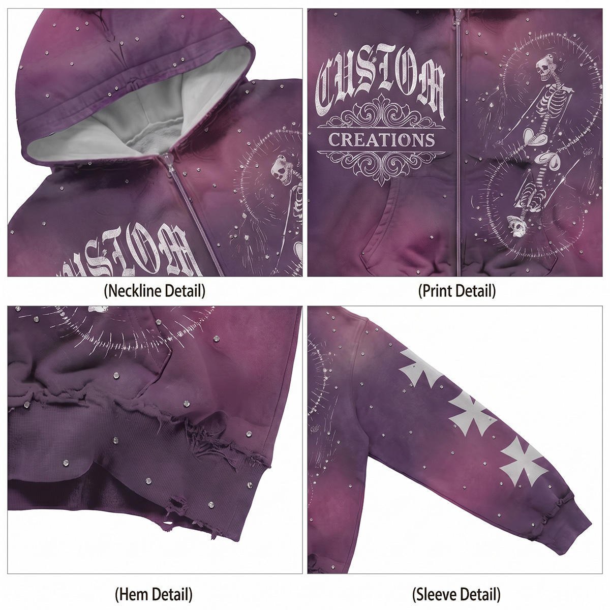 Rhinestone acid-wash cropped hoodie detail