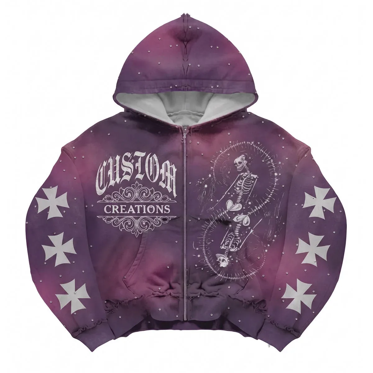 Front view of rhinestone acid-wash cropped hoodie