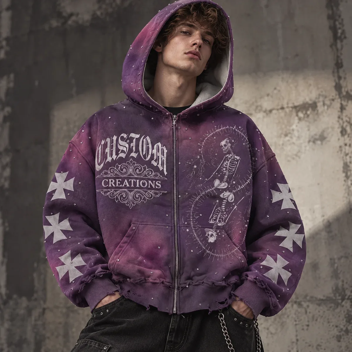 Model wearing rhinestone acid-wash cropped hoodie