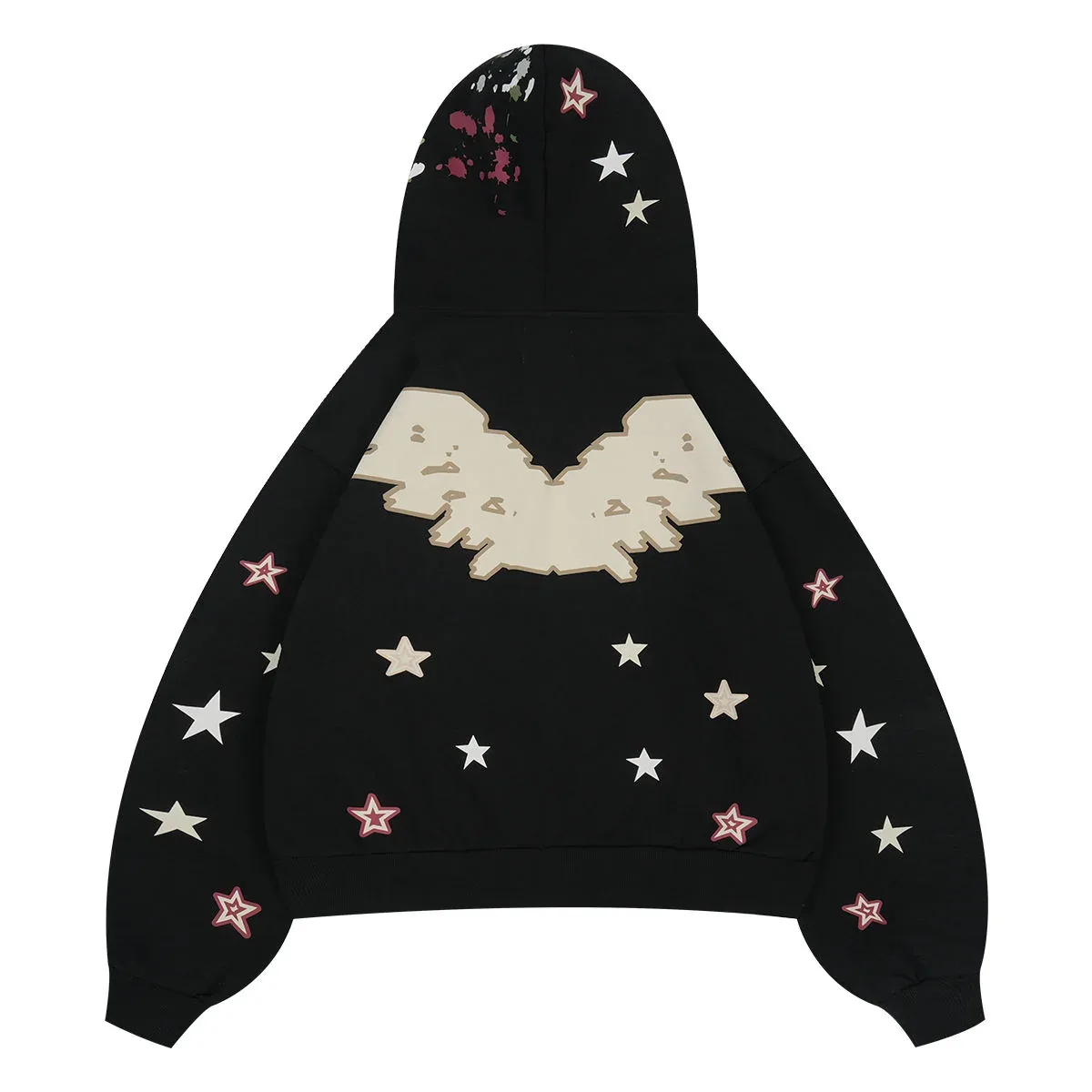 Back view of star appliqué colorblock zip hoodie