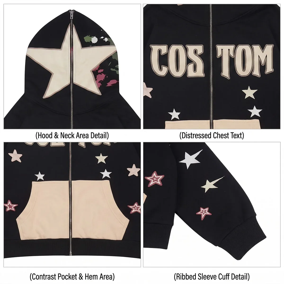Star appliqué colorblock zip hoodie detail