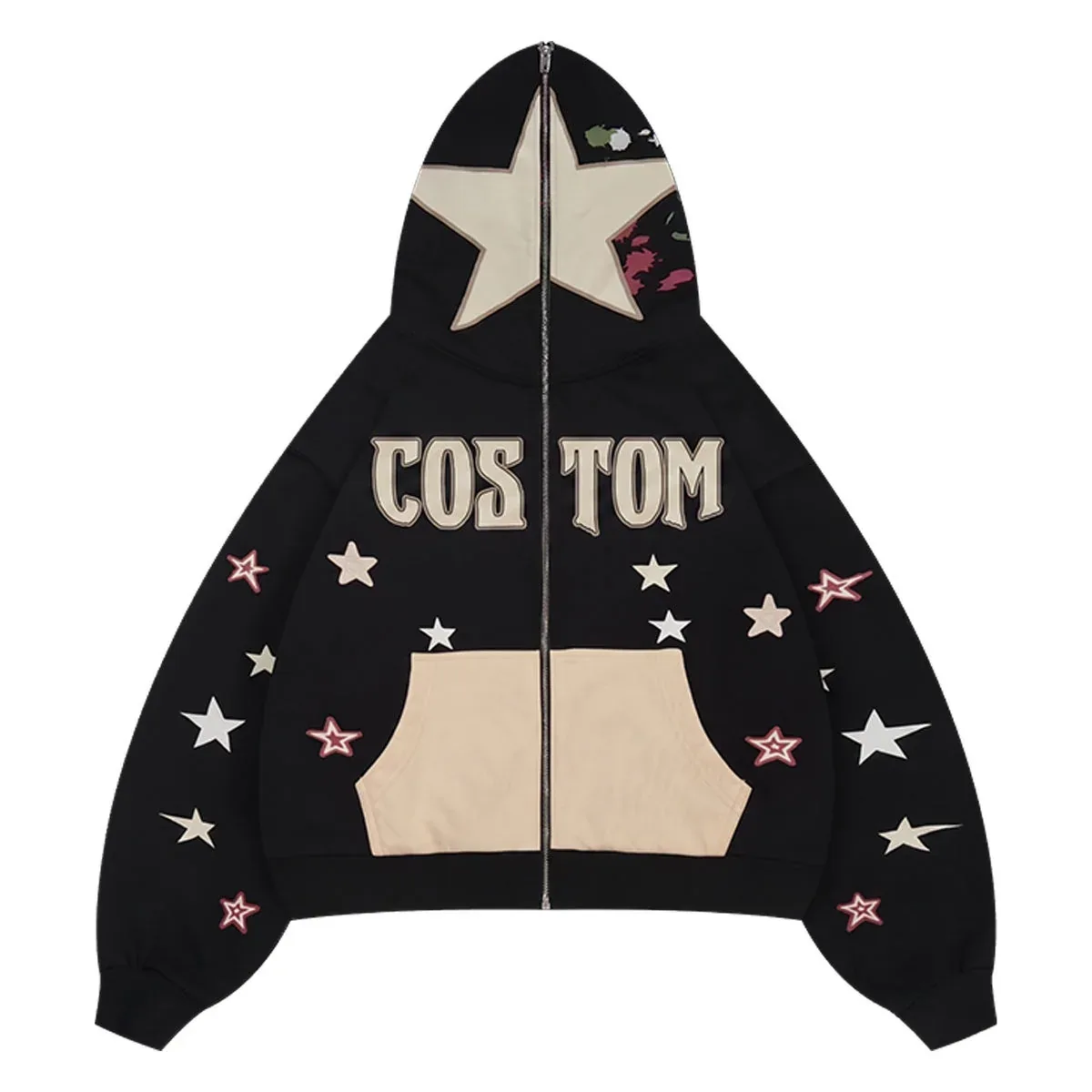 Front view of star appliqué colorblock zip hoodie