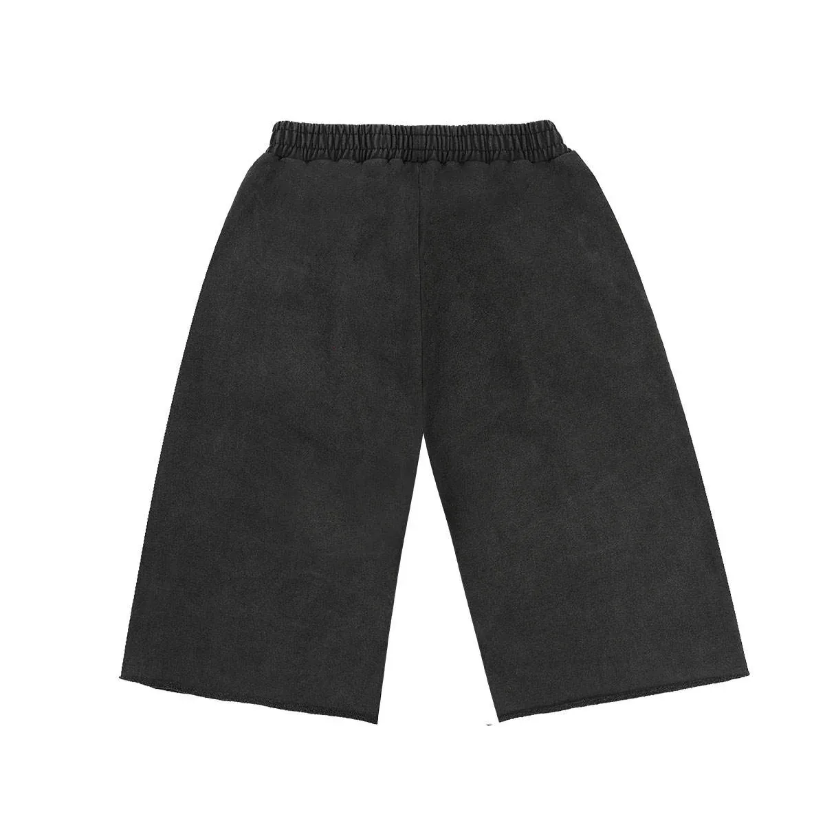 Back view of acid-wash raw-hem baggy shorts