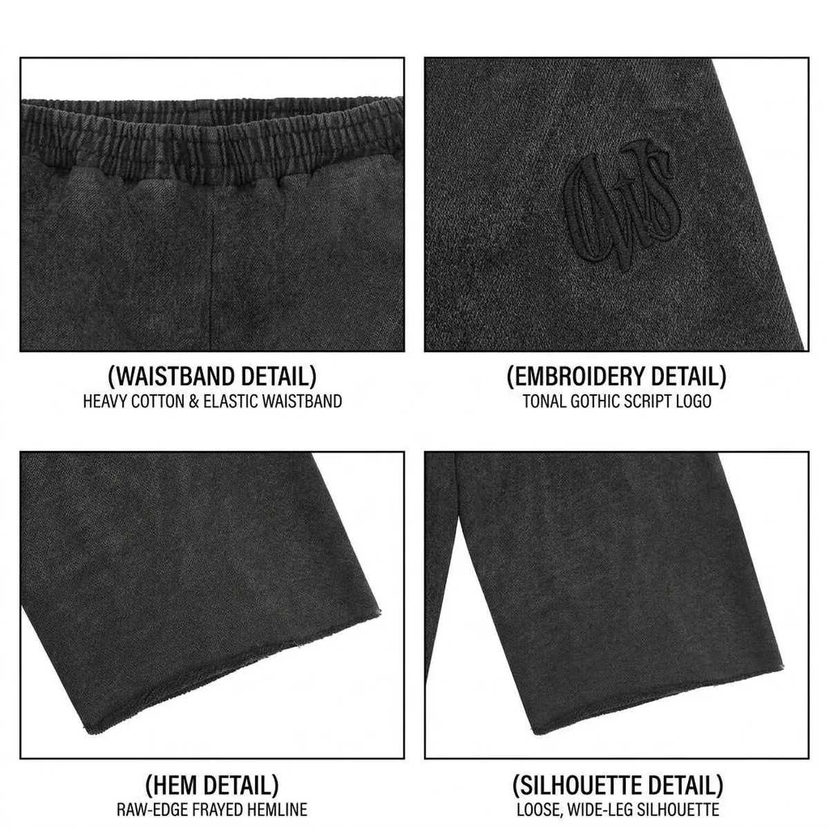 Close-up of acid-washed baggy shorts with a raw hem