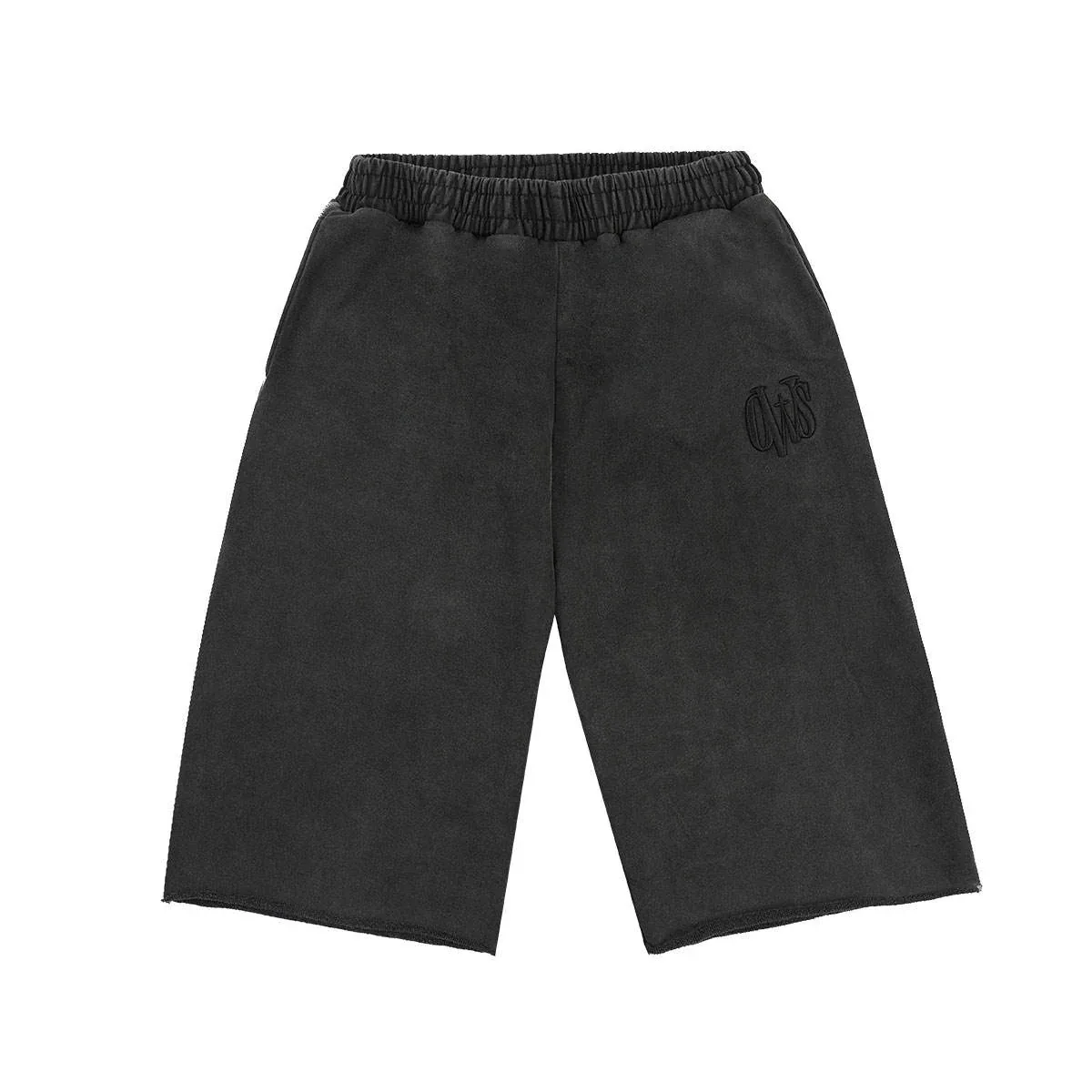Front view of acid-wash raw-hem baggy shorts