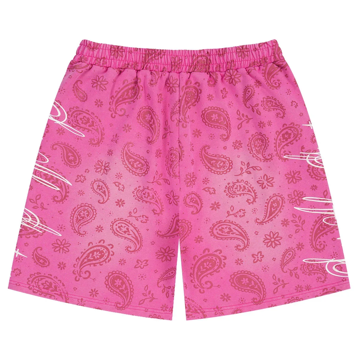 Back view of allover bandana-print baggy shorts