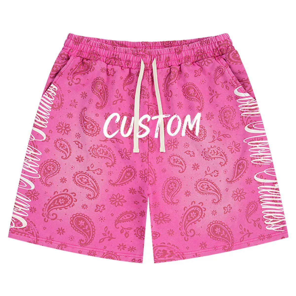 Front view of allover bandana-print baggy shorts