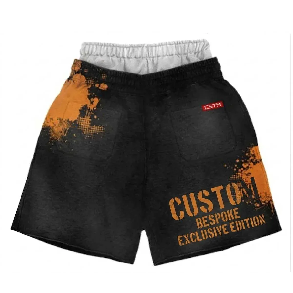 Back view of splatter-print distressed sweat shorts