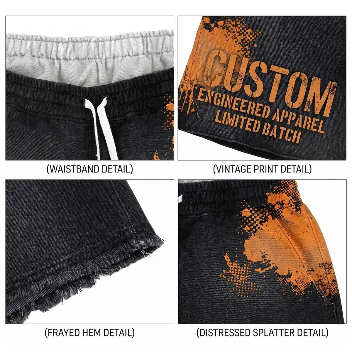 Close-up of distressed sweat shorts with splatter print