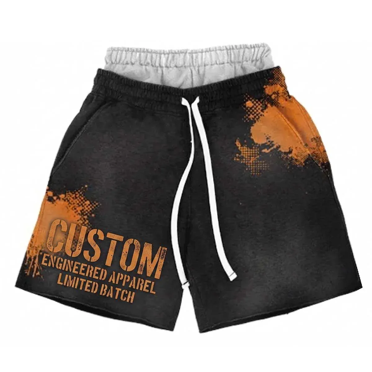 Front view of splatter-print distressed sweat shorts