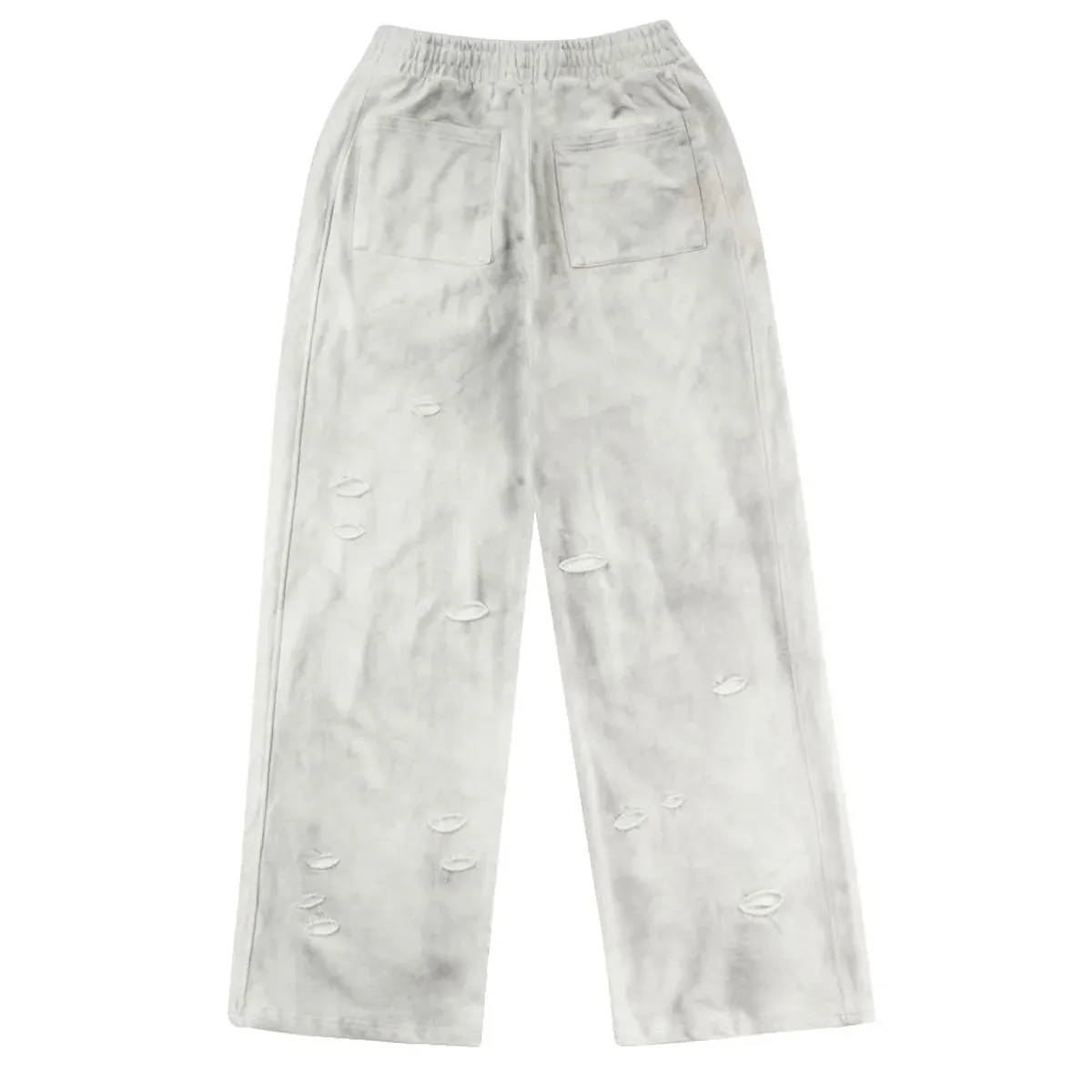 Back view of cloud-wash ripped wide-leg sweatpants