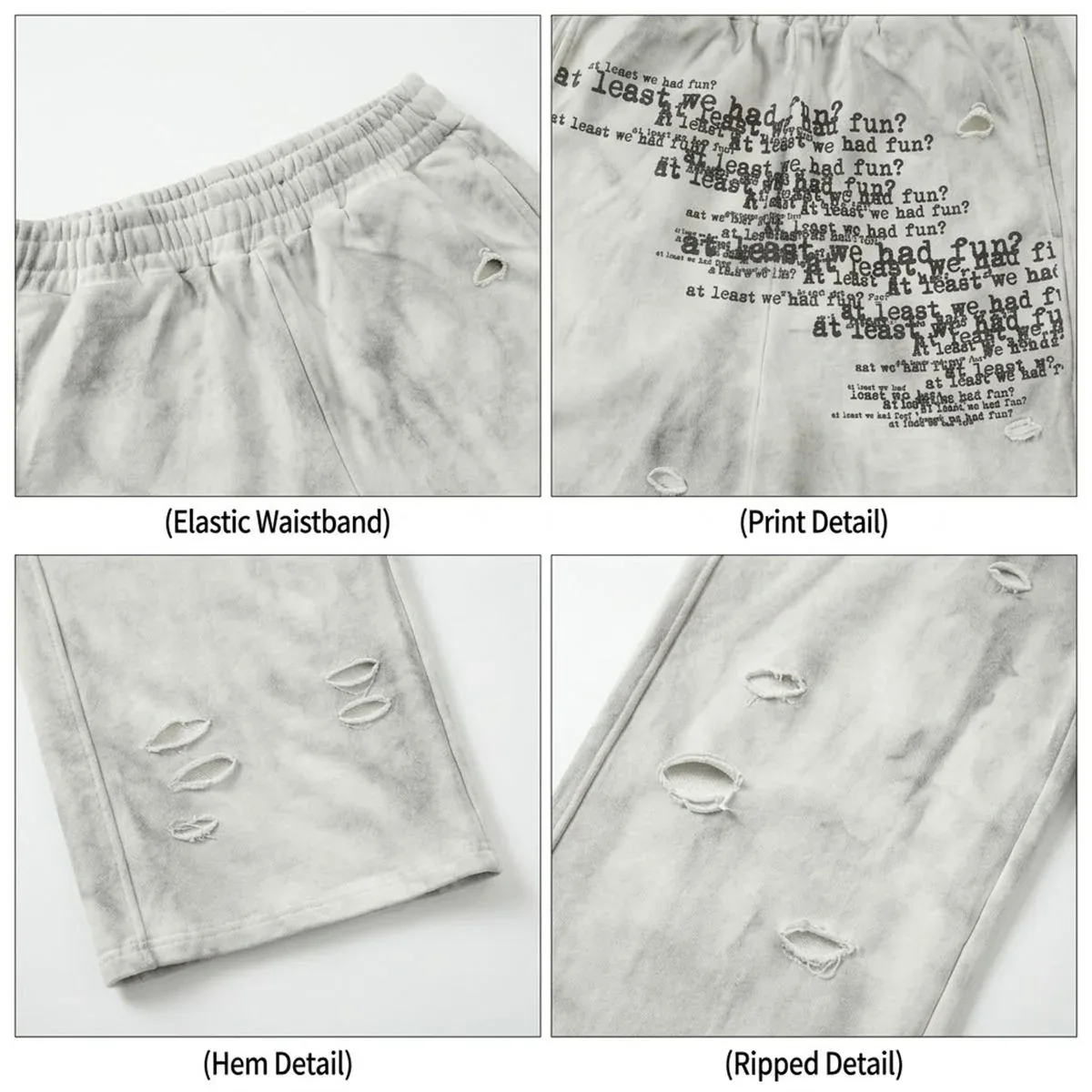 Close-up of cloud-washed ripped wide-leg sweatpants