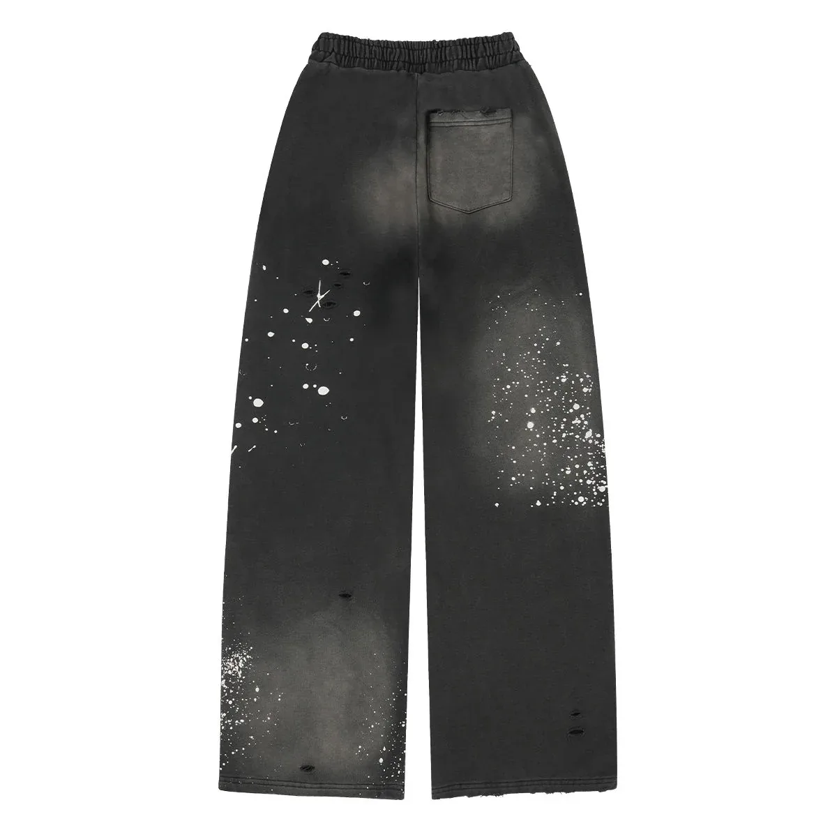 Back view of distressed splatter wide-leg sweatpants