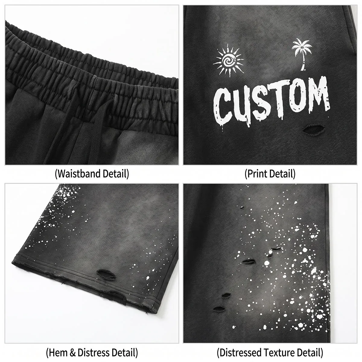 Construction and decoration details for distressed splatter wide-leg sweatpants