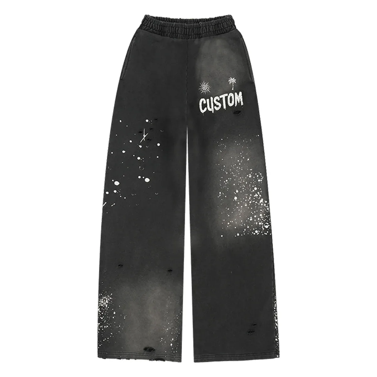 Front view of distressed splatter wide-leg sweatpants