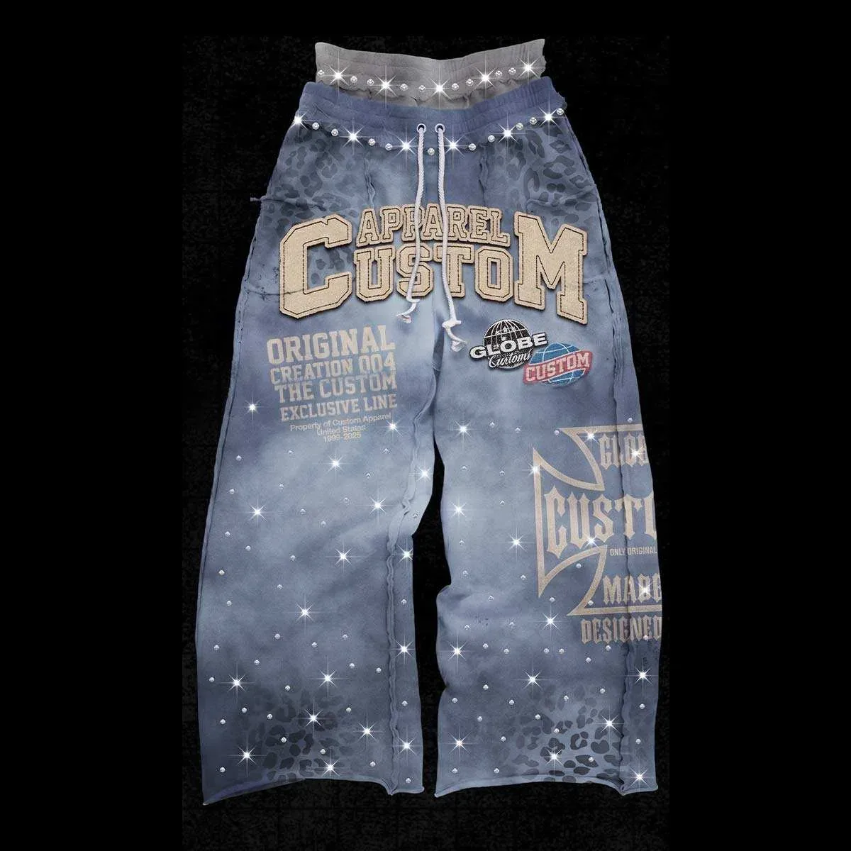 Front view of rhinestone graphic washed sweatpants