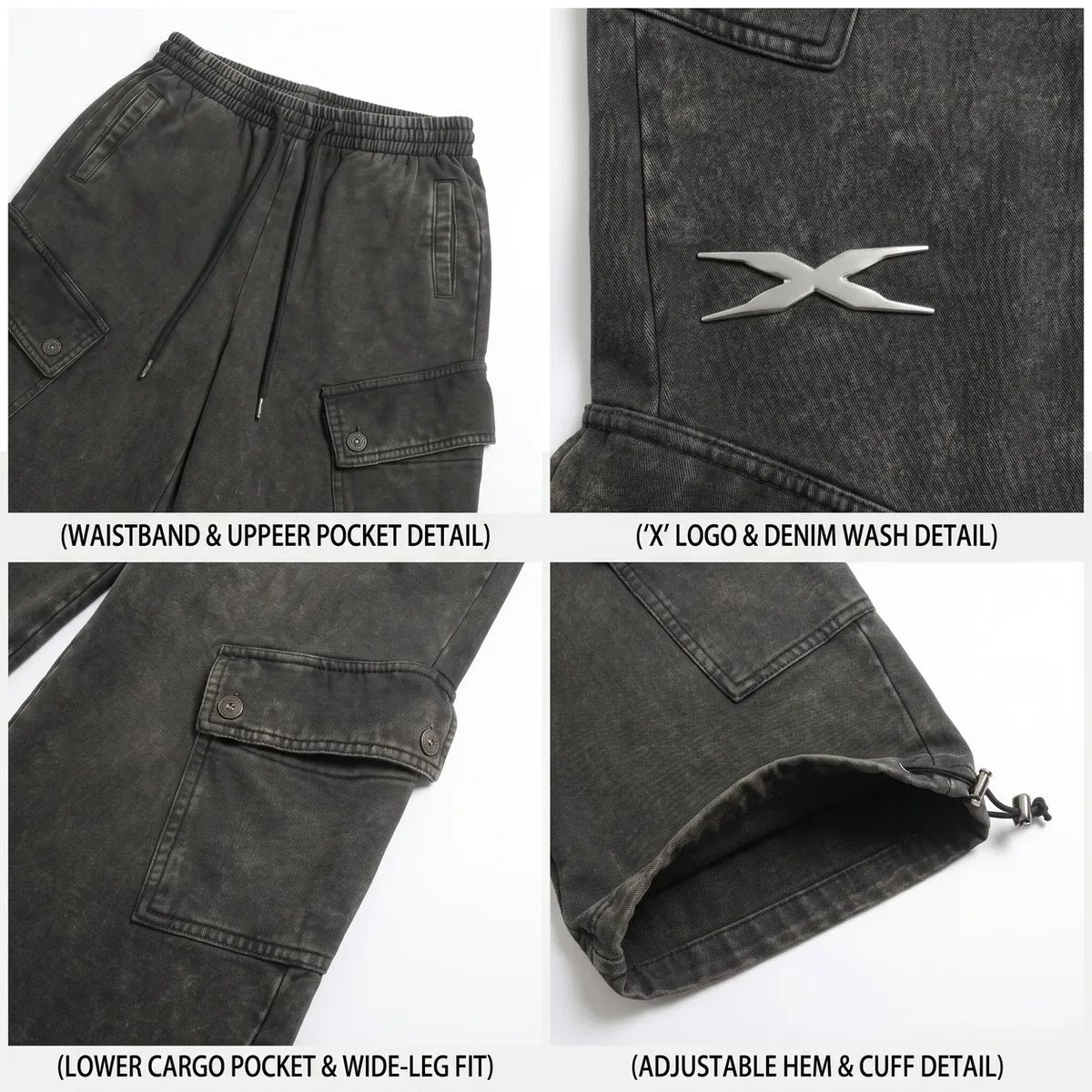 Close-up of vintage-washed cargo wide-leg sweatpants