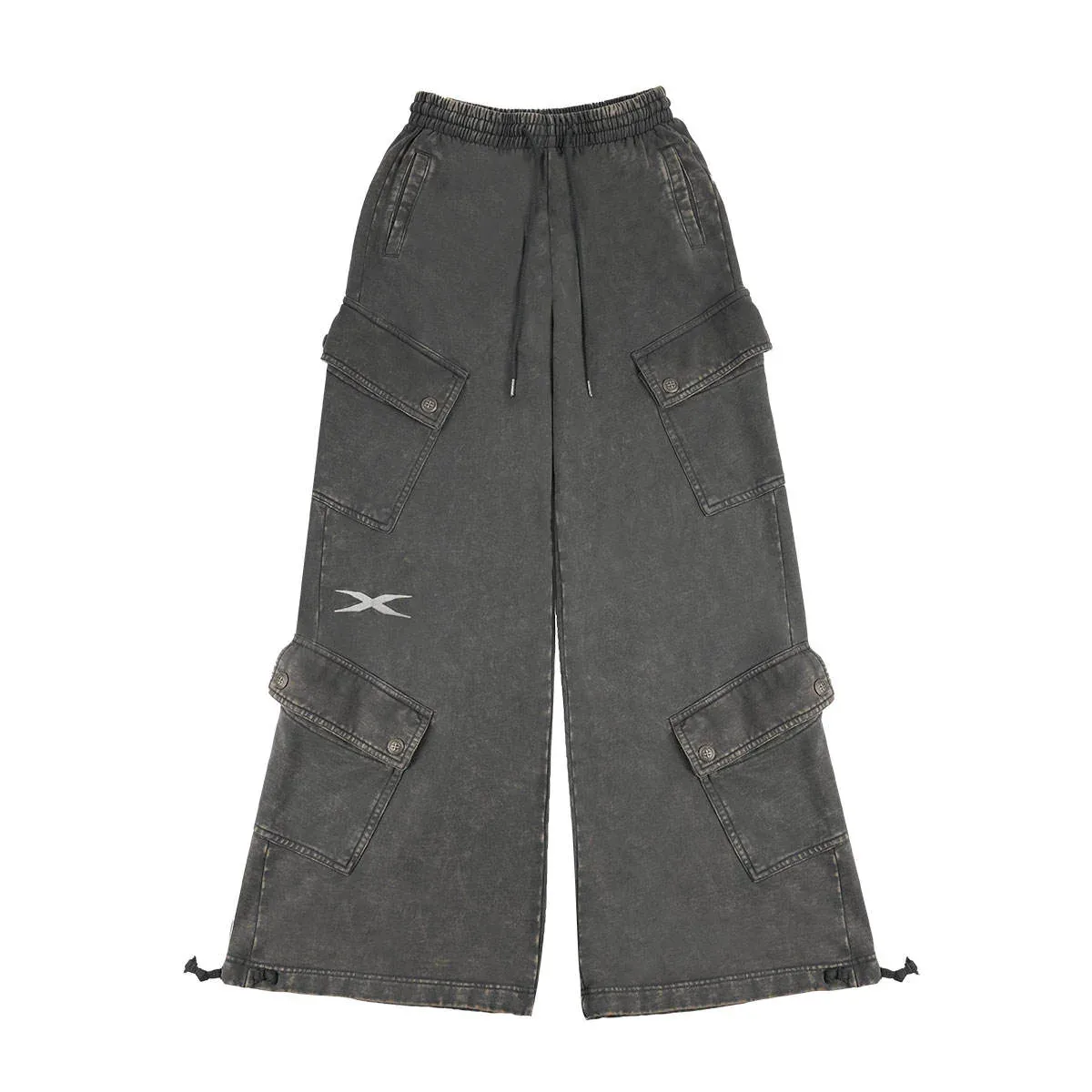 Front view of vintage-wash cargo wide-leg sweatpants