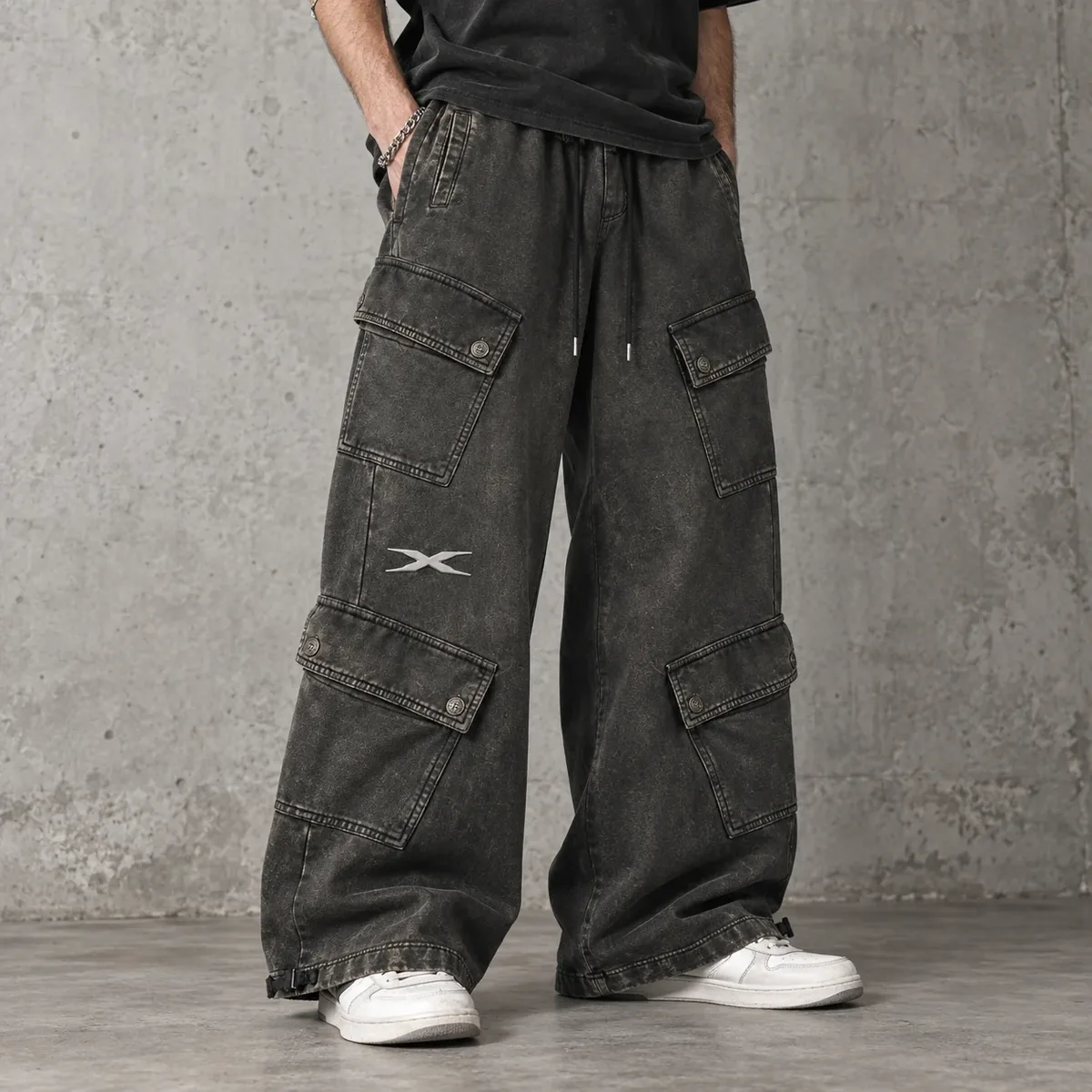 Model wearing vintage-wash cargo wide-leg sweatpants