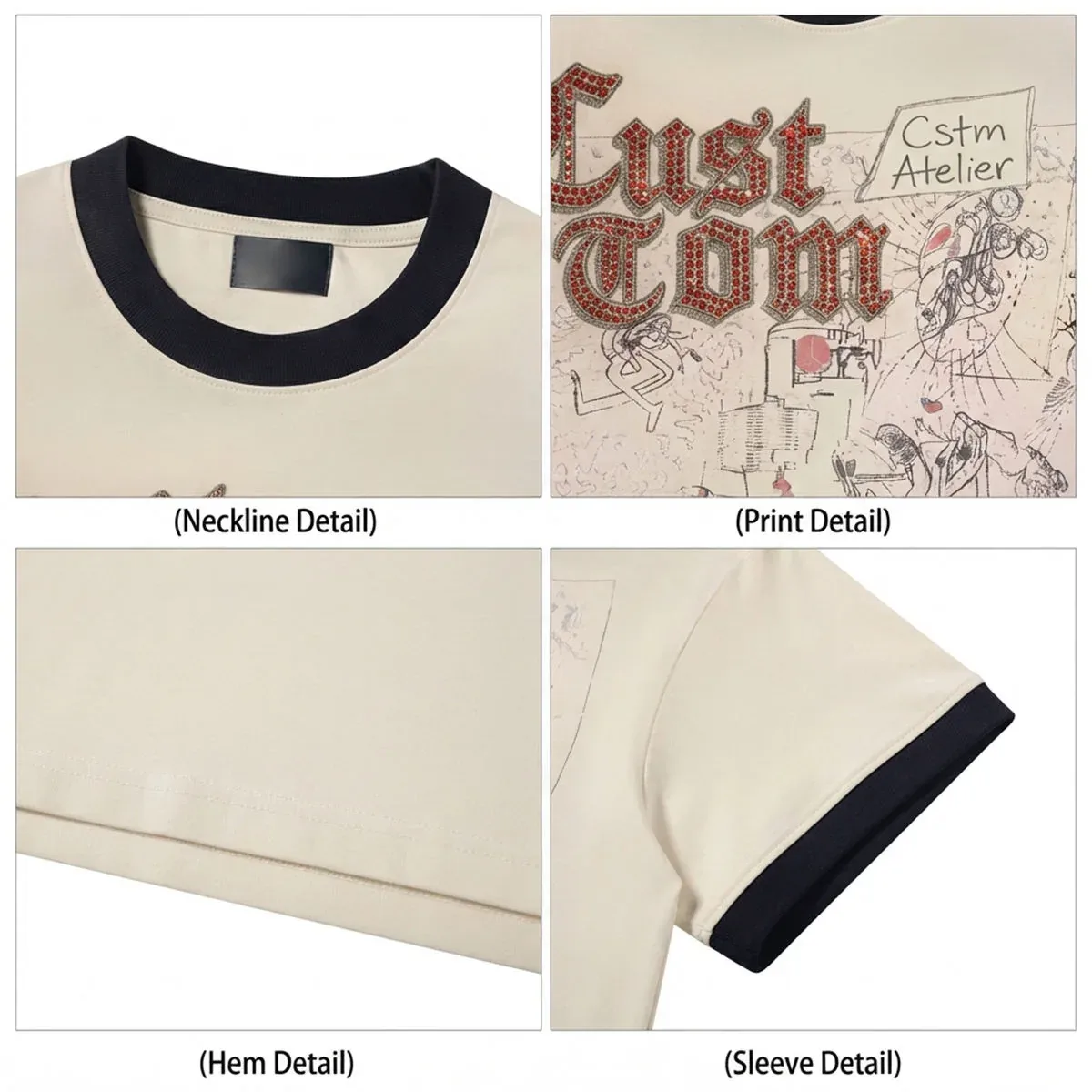 Construction and decoration details for 300 gsm ringer boxy t-shirt