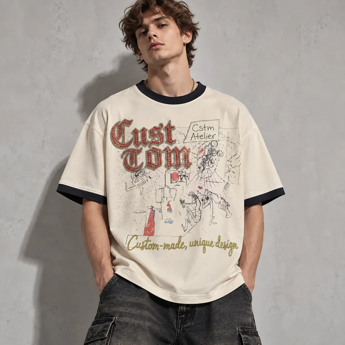 Model wearing 300 gsm ringer boxy t-shirt