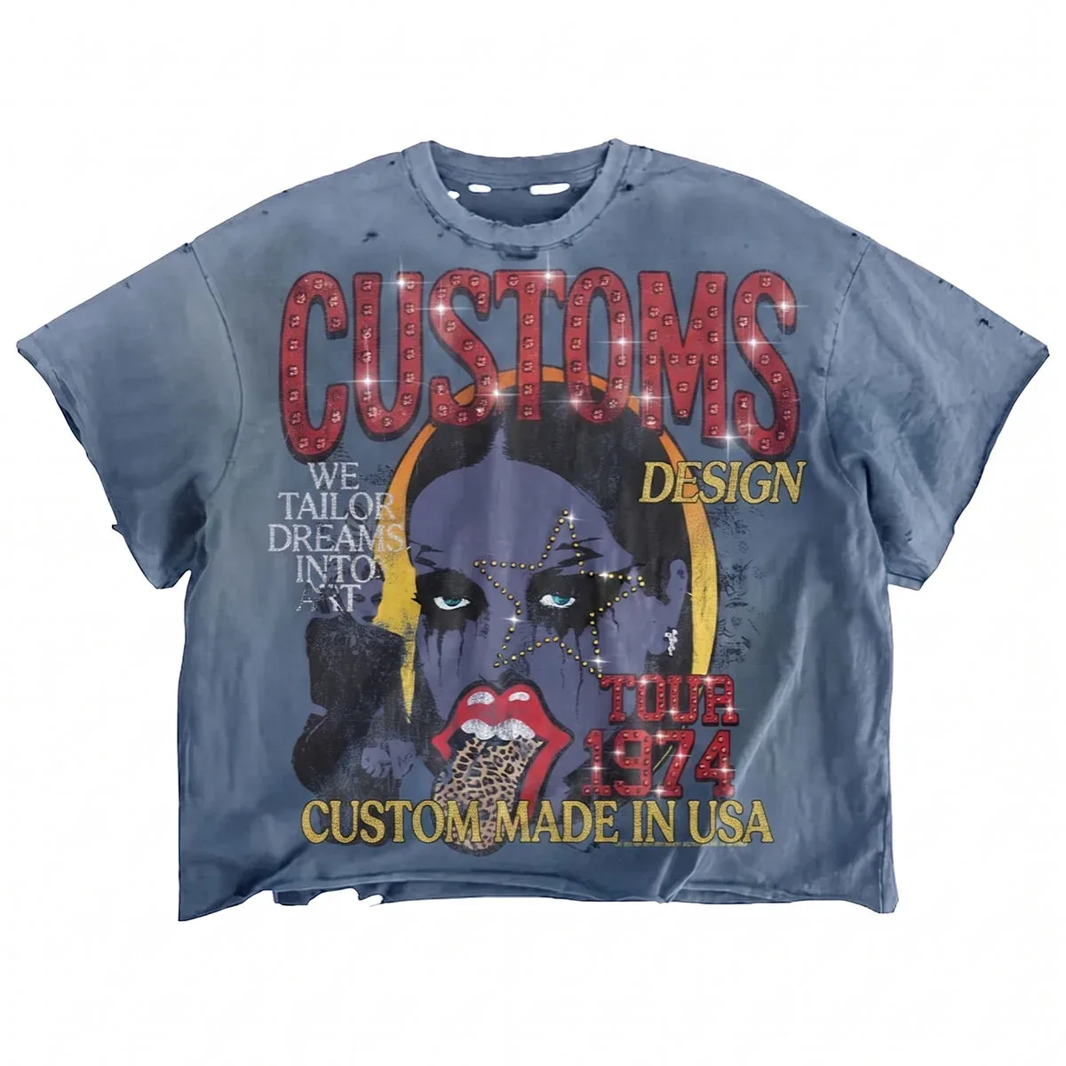 Front view of 300 gsm sunfaded rhinestone t-shirt