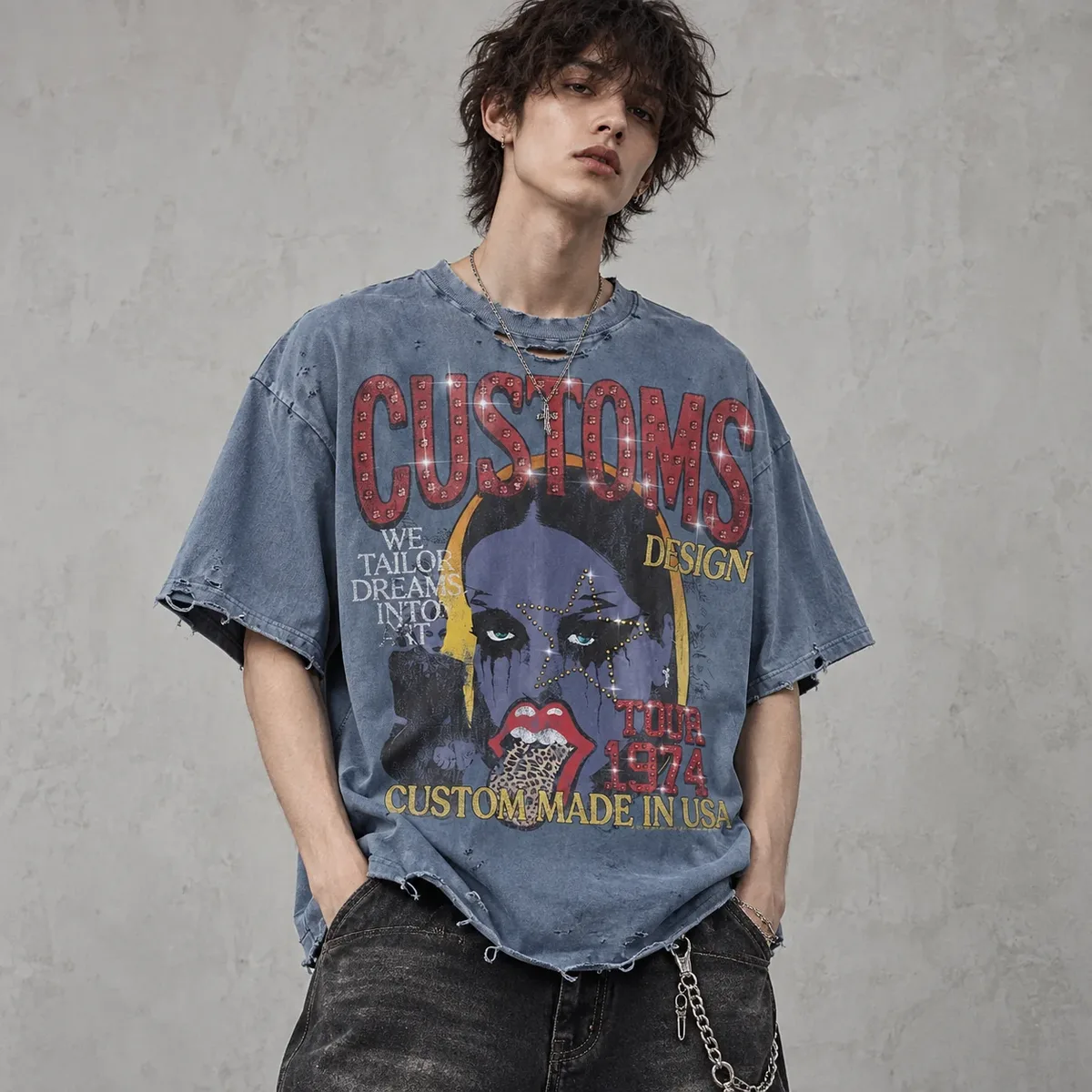 Model wearing 300 gsm sunfaded rhinestone t-shirt