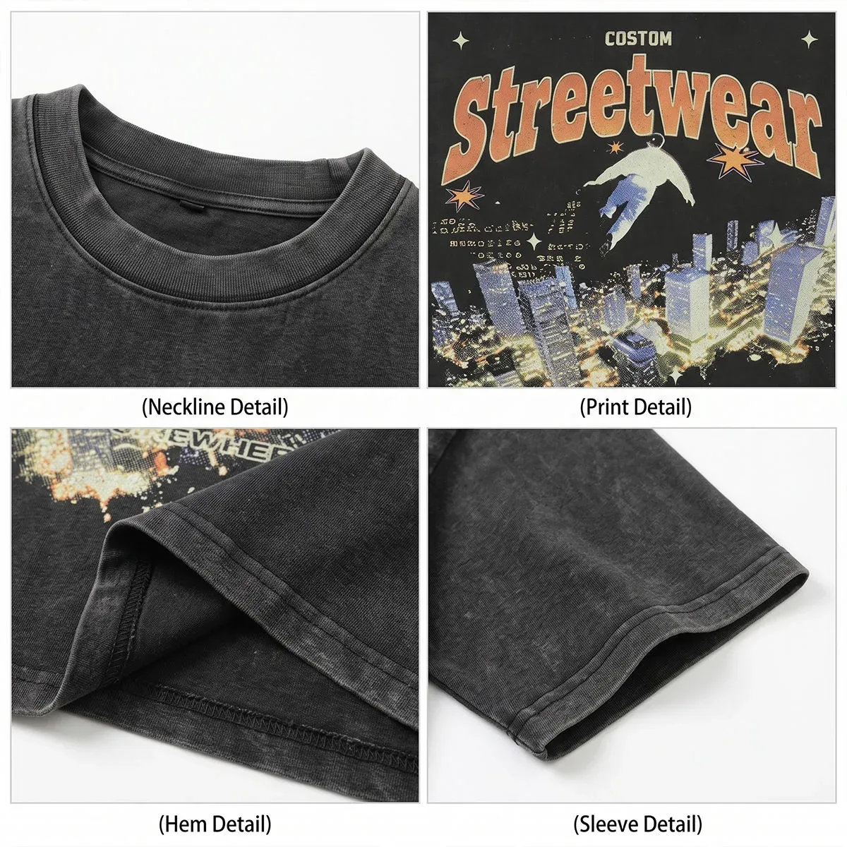 Construction and decoration details for acid-wash cropped graphic t-shirt