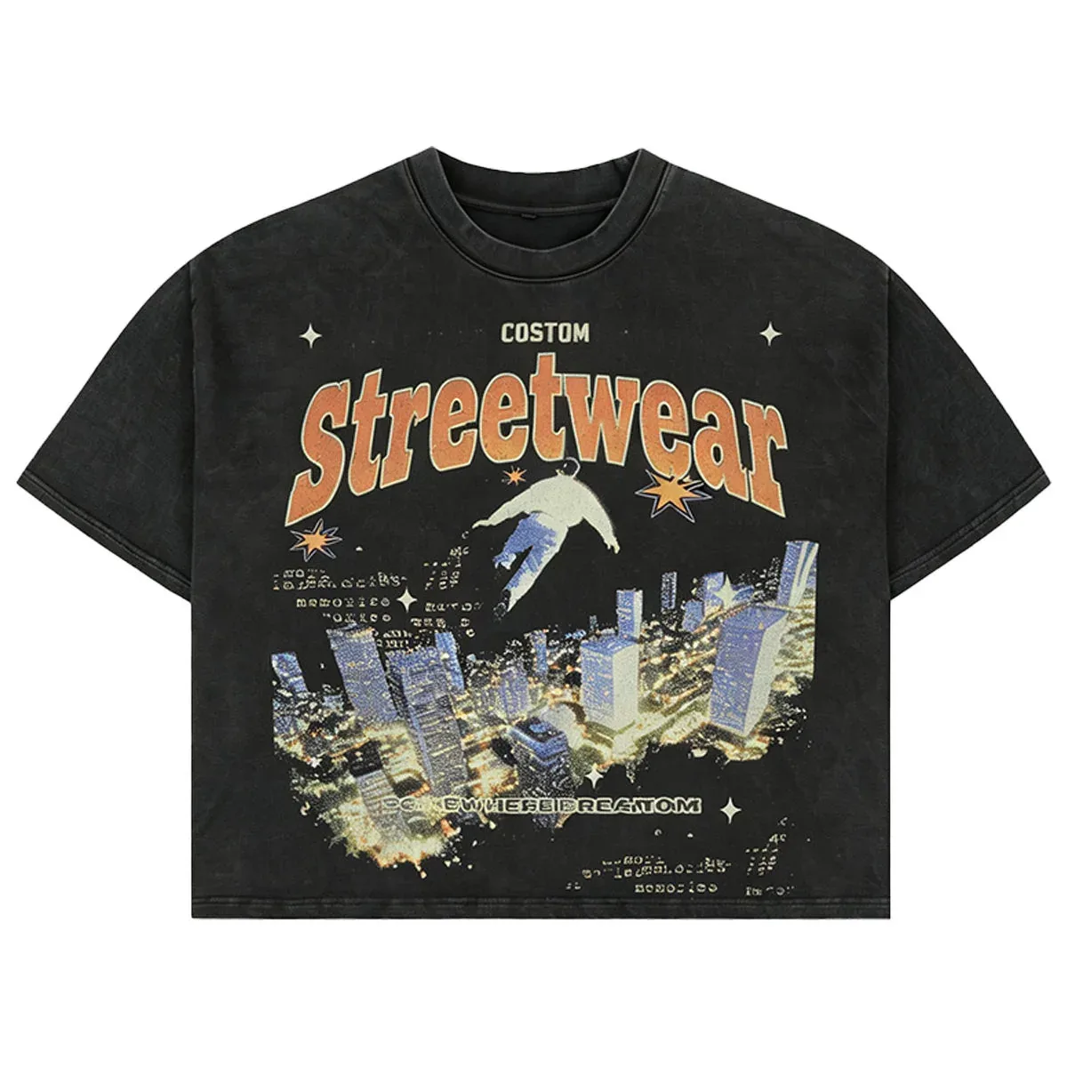 Front view of acid-wash cropped graphic t-shirt