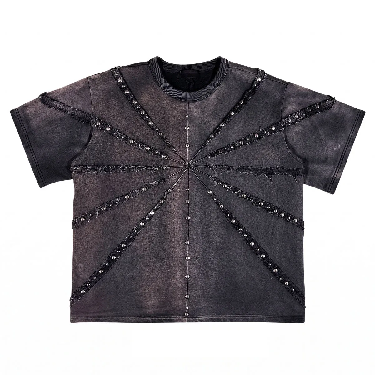 Front view of cut-and-sew studded boxy t-shirt