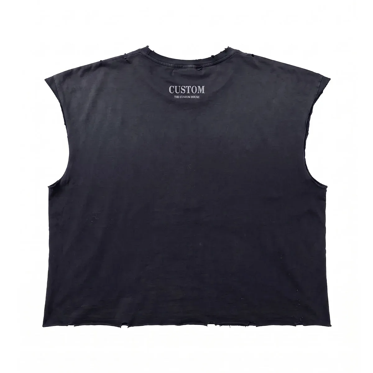 Back view of distressed sleeveless boxy t-shirt