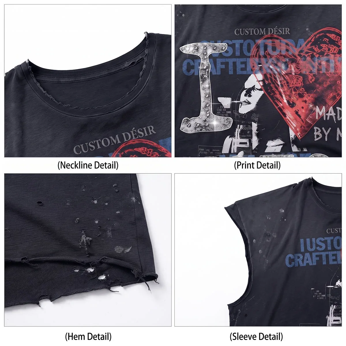 Construction and decoration details for distressed sleeveless boxy t-shirt