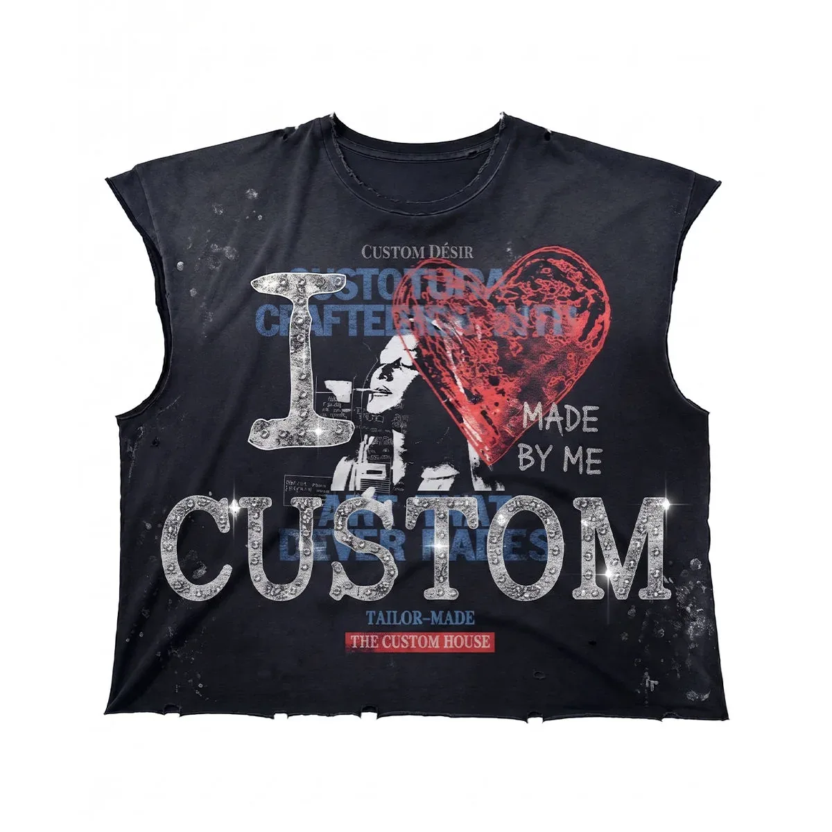 Front view of distressed sleeveless boxy t-shirt