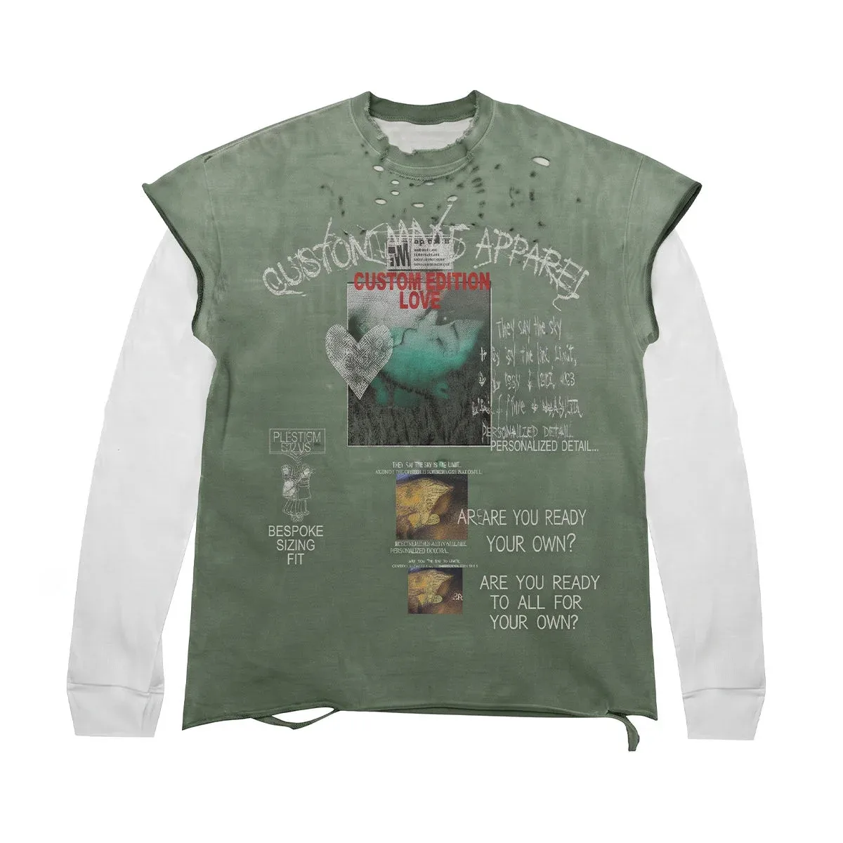 Front view of double-layer distressed long-sleeve t-shirt